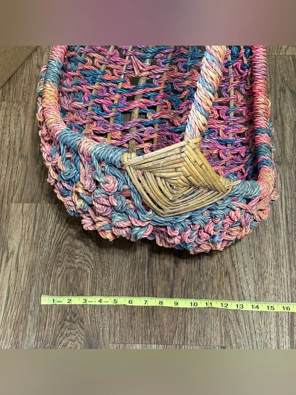Large Colorful Woven Boho Boat Basket Pink Purple Teal and Tan  22” x 18” x 14”
